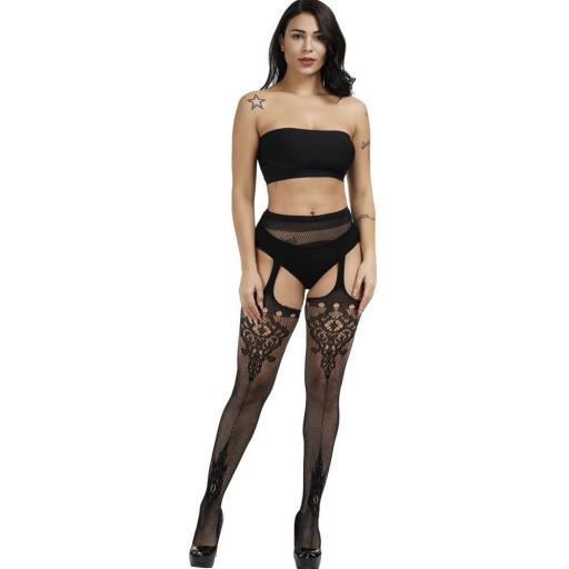 Black Fishnet Suspender Tights with Lacy Front