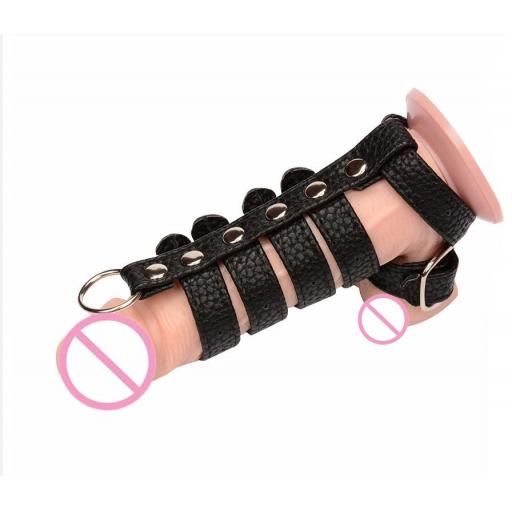 Sex Delay Leather Cock ring with sleeve and scrotum ring.