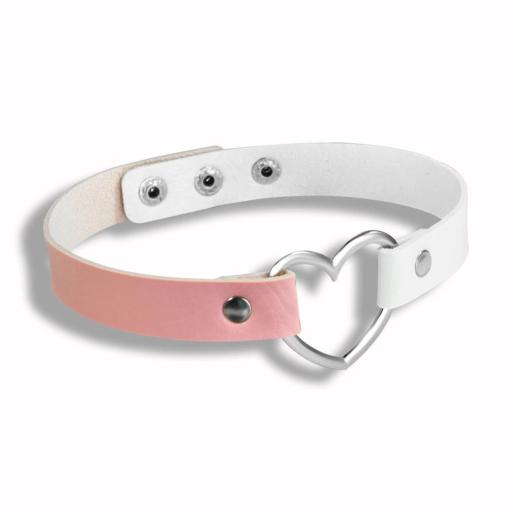 Lightweight Soft leather Heart day choker / collar. Pink / White.
