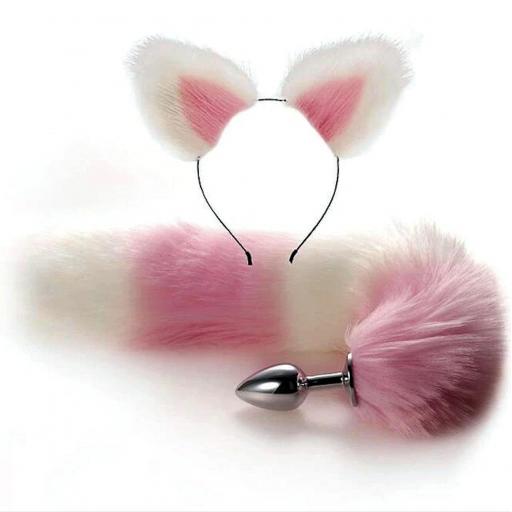 Metal Anal Butt plug Fox tail set with Kitty ears Headband. Cosplay. PINK \ WHITE