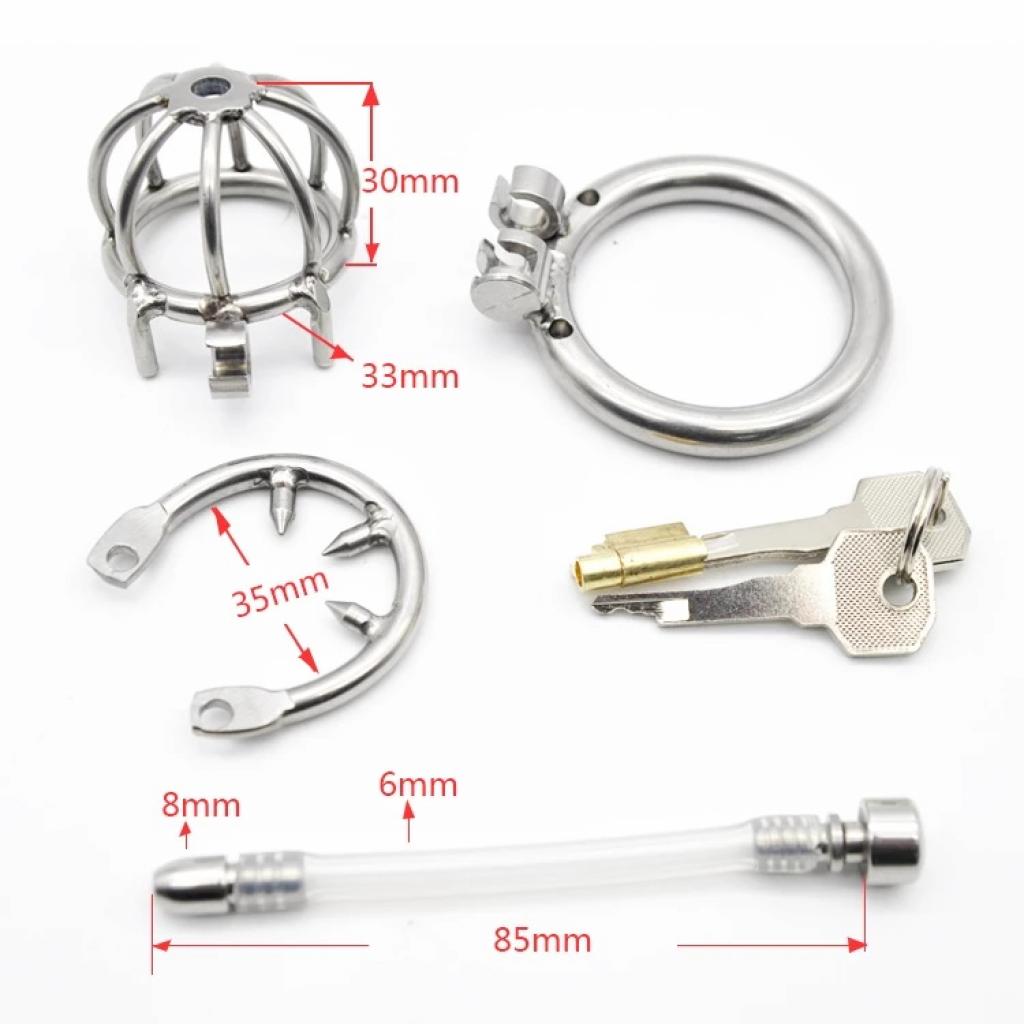 Small Stainless Steel Chastity cage Catheter, Barb ring