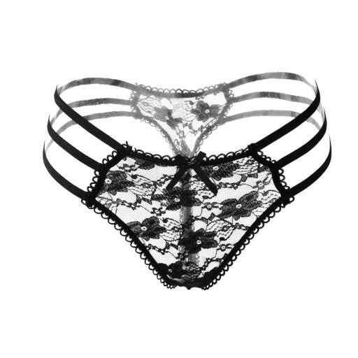 Floral lace front tripple band sexy thong panties BLACK