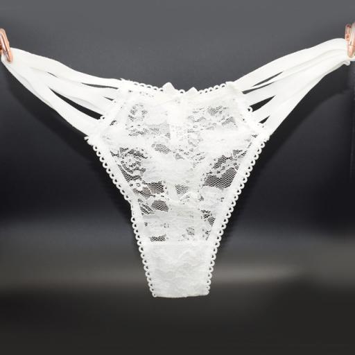 Floral lace front tripple band sexy thong panties WHITE