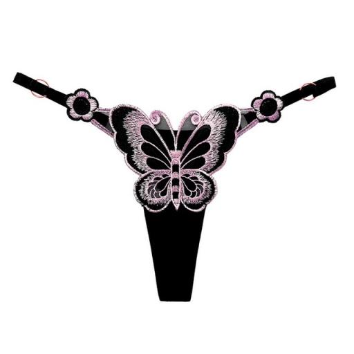 Thong, Embroidered butterfly. Black and Pink