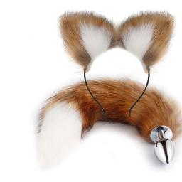 Metal Anal Butt plug Fox tail set with Kitty ears Headband. Cosplay. Brown.jpg