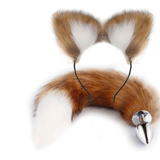 Metal Anal Butt plug Fox tail set with Kitty ears Headband. Cosplay. BROWN