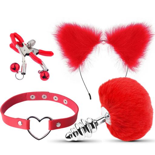 4 piece bunny tail butt plug cosplay set RED