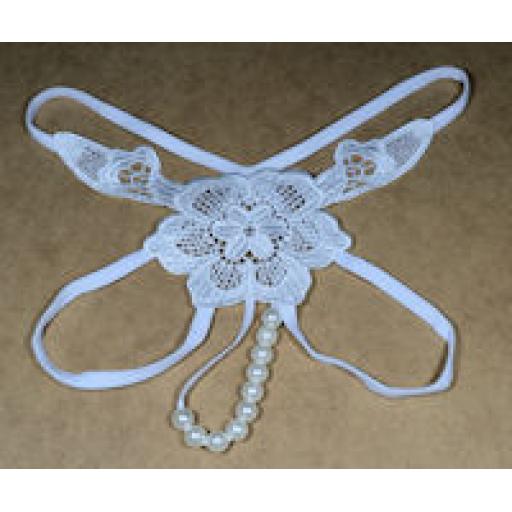 G String, Embroidered Flower front with Pearls. White
