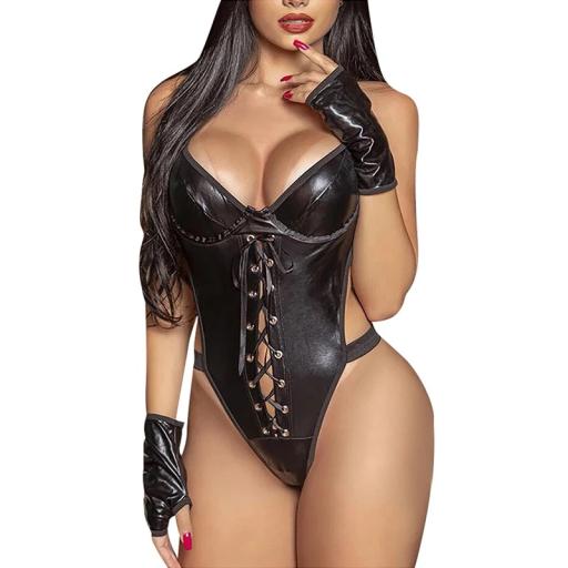 Faux Leather Laced Front Teddy.